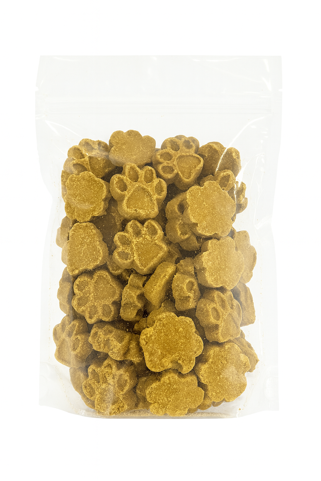 Bag of dog treats shaped like paw prints on a white background