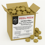 Box of Pet Gourmet pizza-flavored dog treats with treats spilling out.