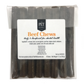Packaged beef chews for dogs labeled 'Beef Chews' from The Pet Gourmet, showing the product inside the clear packaging.
