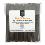 Packaged beef chews for dogs labeled 'Beef Chews' from The Pet Gourmet, showing the product inside the clear packaging.