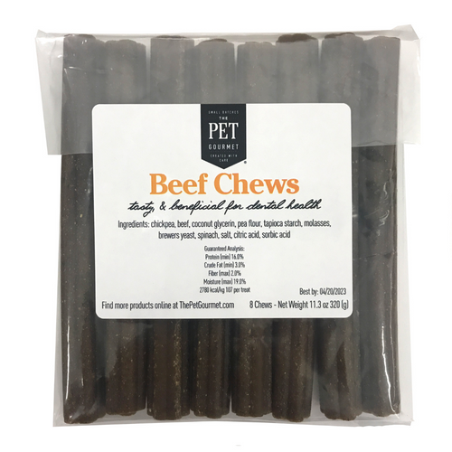 Packaged beef chews for dogs labeled 'Beef Chews' from The Pet Gourmet, showing the product inside the clear packaging.