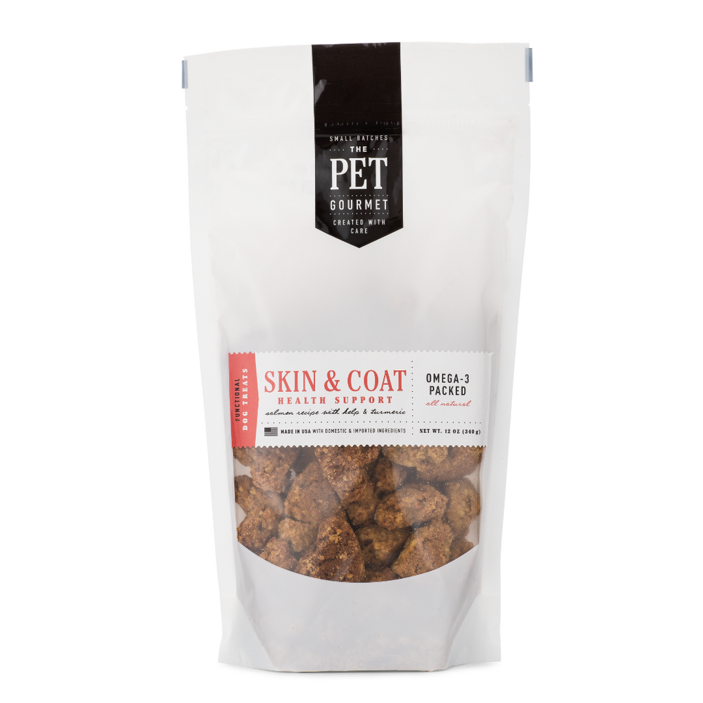 A bag of 'Skin & Coat Support Dog Treats' from The Pet Gourmet