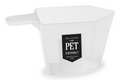 A clear plastic measuring scoop with a label that reads 'The Pet Gourmet
